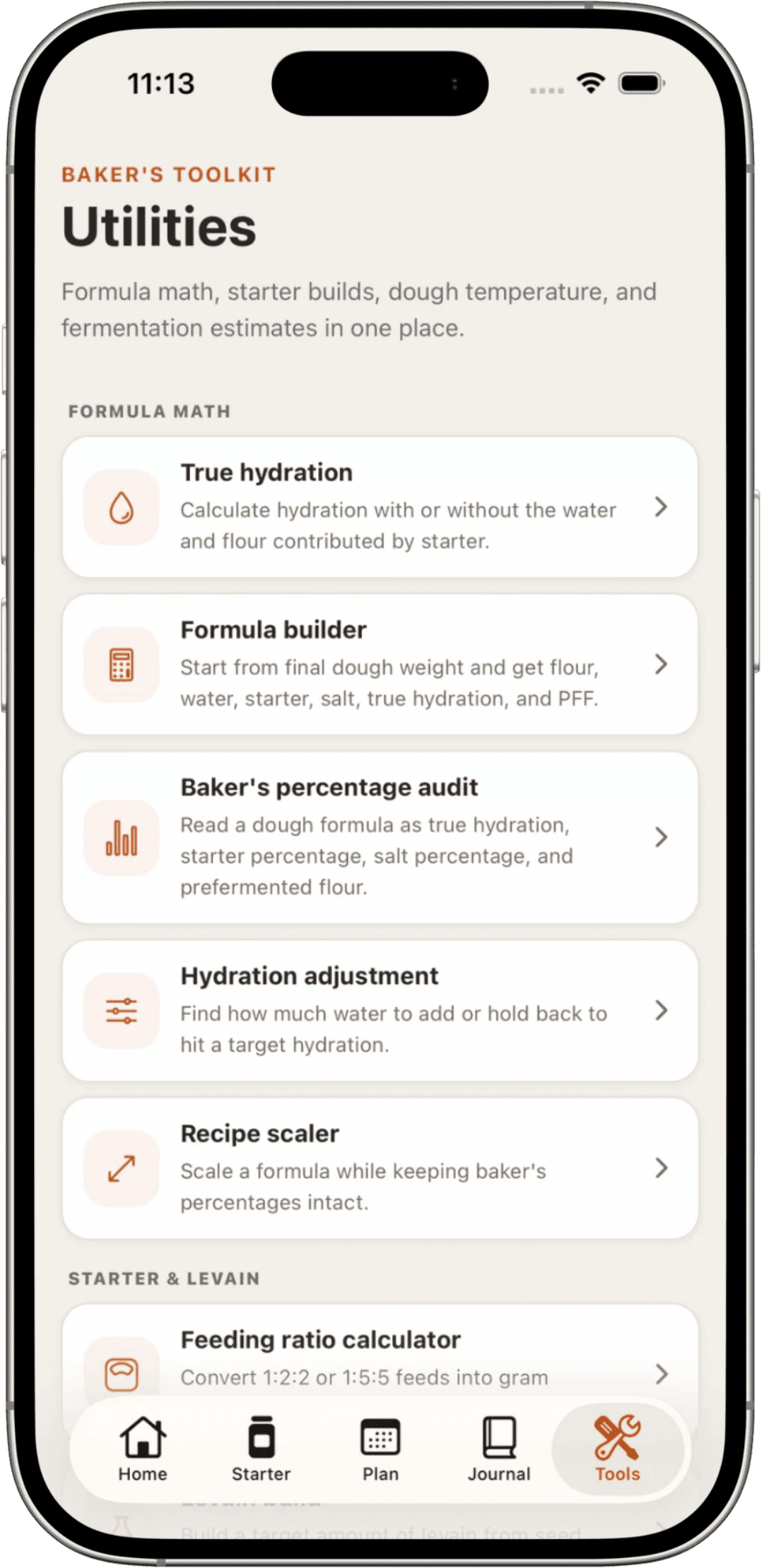 Use true hydration, formula, baker’s percentage, scaling, and feeding calculators.